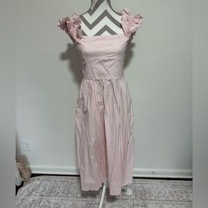 Wayf Light Pink Midi Dress with Ruffle Straps
